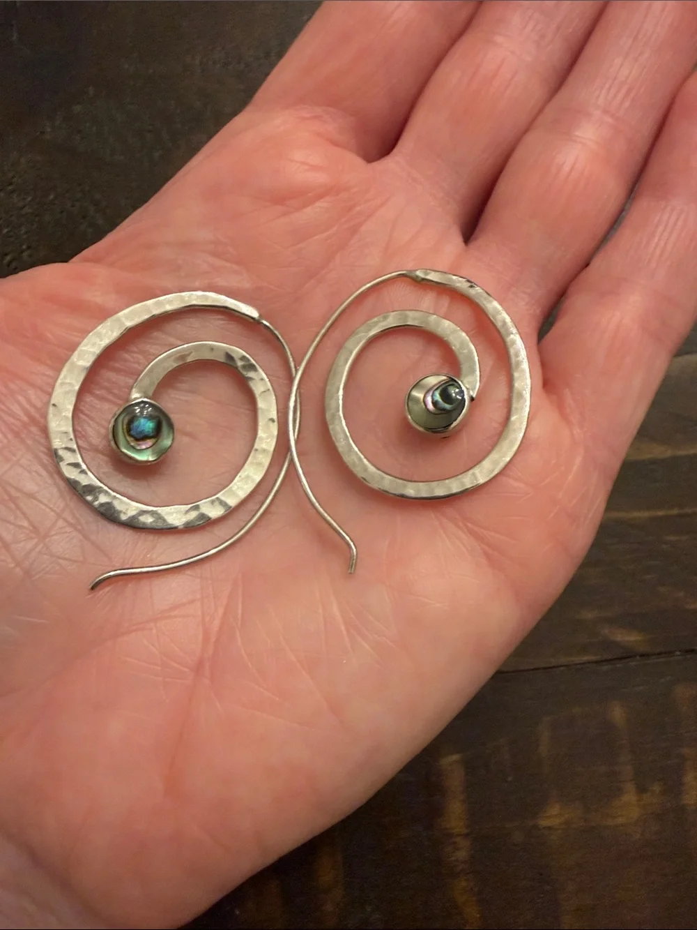 Handcrafted Silver Spiral Earrings with Abalone Accent